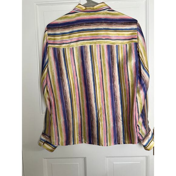 Ann Klein Women's 8 100% Silk Retro Print Multi Stripe Button Up Blouse Top - Picture 2 of 11